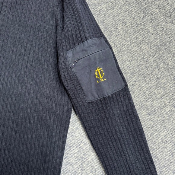 Lauren Ralph Lauren Nautical Blue Knit Top Boatneck Cotton Laced Sleeve Womens M - Picture 2 of 7